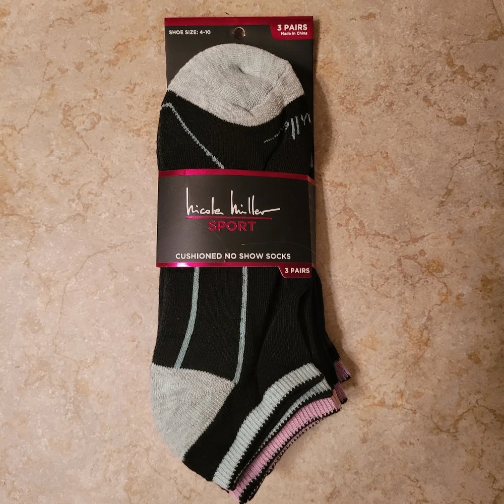 Nicole Miller No Show Socks Black Mint Pink‎ Purple Set of 3 NWT Size 4 to 10